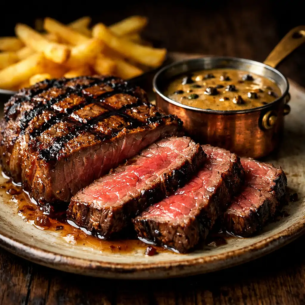 Hovězí steak z vyzrálého masa s pepřovou omáčkou a hranolky
