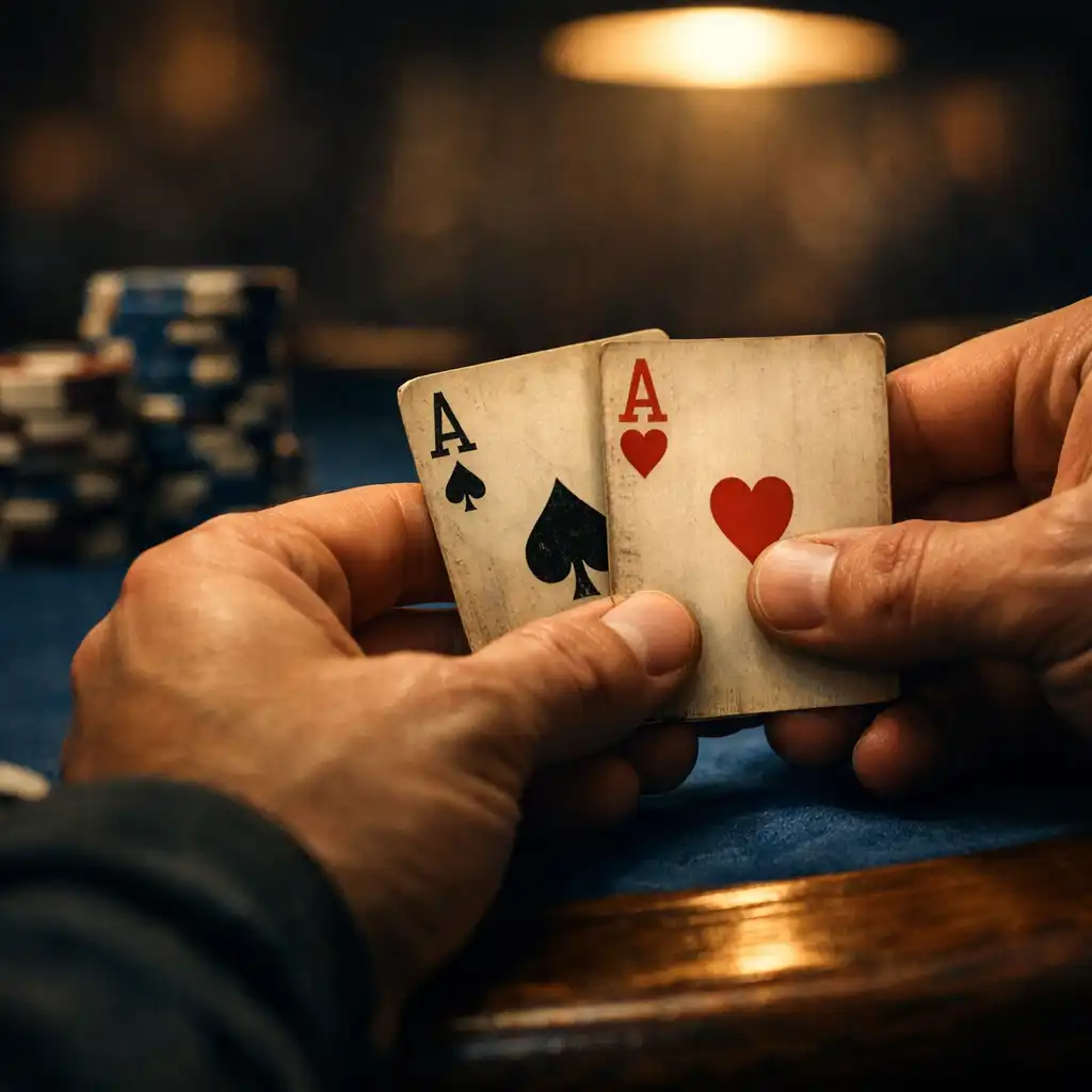 Detail rukou hráče držícího dvě esa nad pokerovým stolem v tlumeném světle