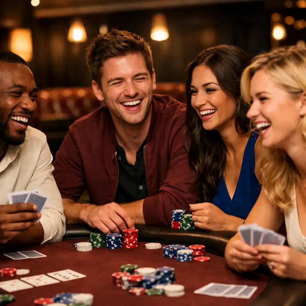 Skupina přátel se smíchem hraje poker u stylového stolu v salonku