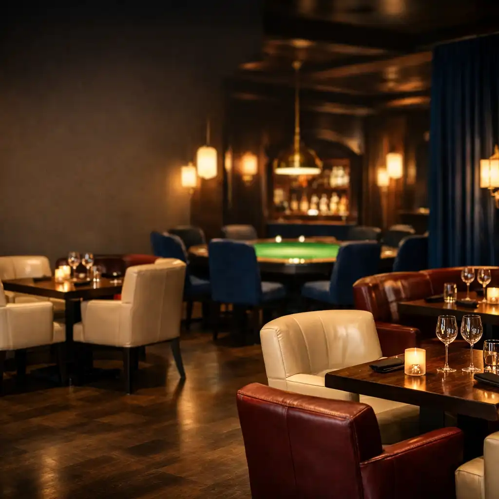 Elegantní interiér restaurace Pokrmo Vydum s koženými křesly, stoly z tmavého dubu a teplým osvětlením