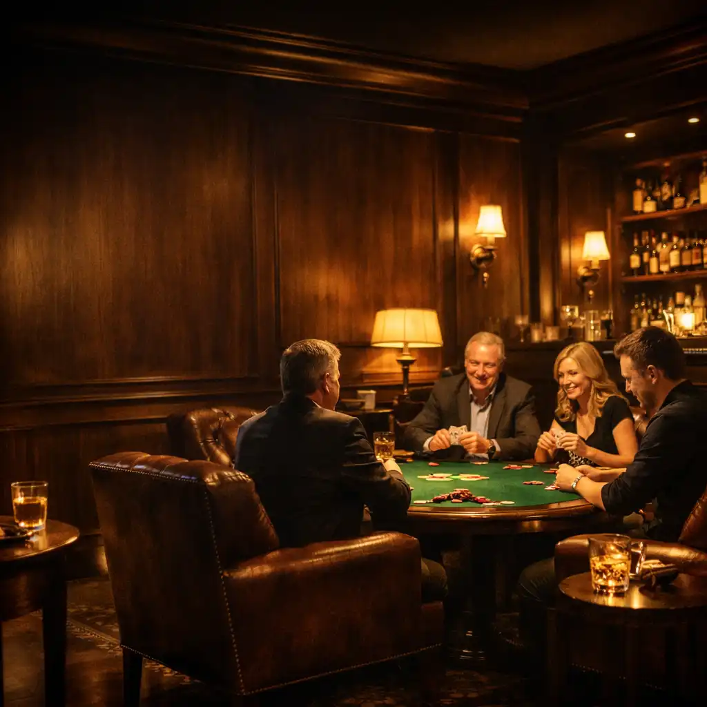 Široký pohled na luxusní karetní salonek s pokerovými stoly, koženými křesly a teplým osvětlením