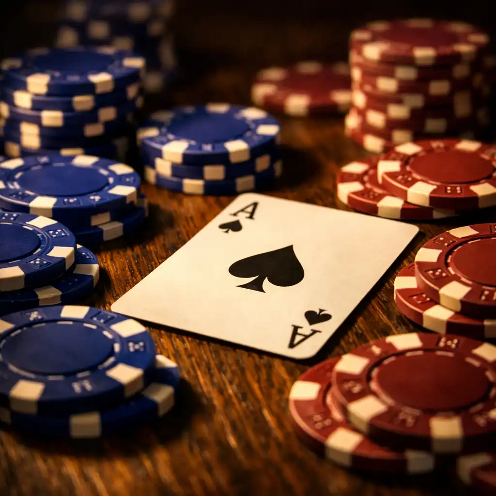Makro snímek pokerových žetonů v kobaltově modré a burgundské barvě s esem piků