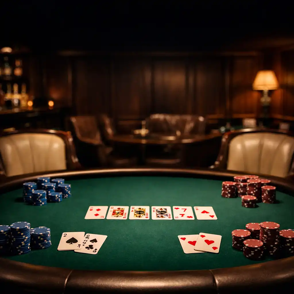 Elegantní pokerový stůl s žetony a kartami v tmavém salonku s teplým bodovým osvětlením