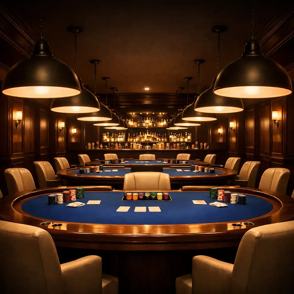 Interiér pokerového salonku s řadou prázdných stolů, závěsnými světly a barem v pozadí