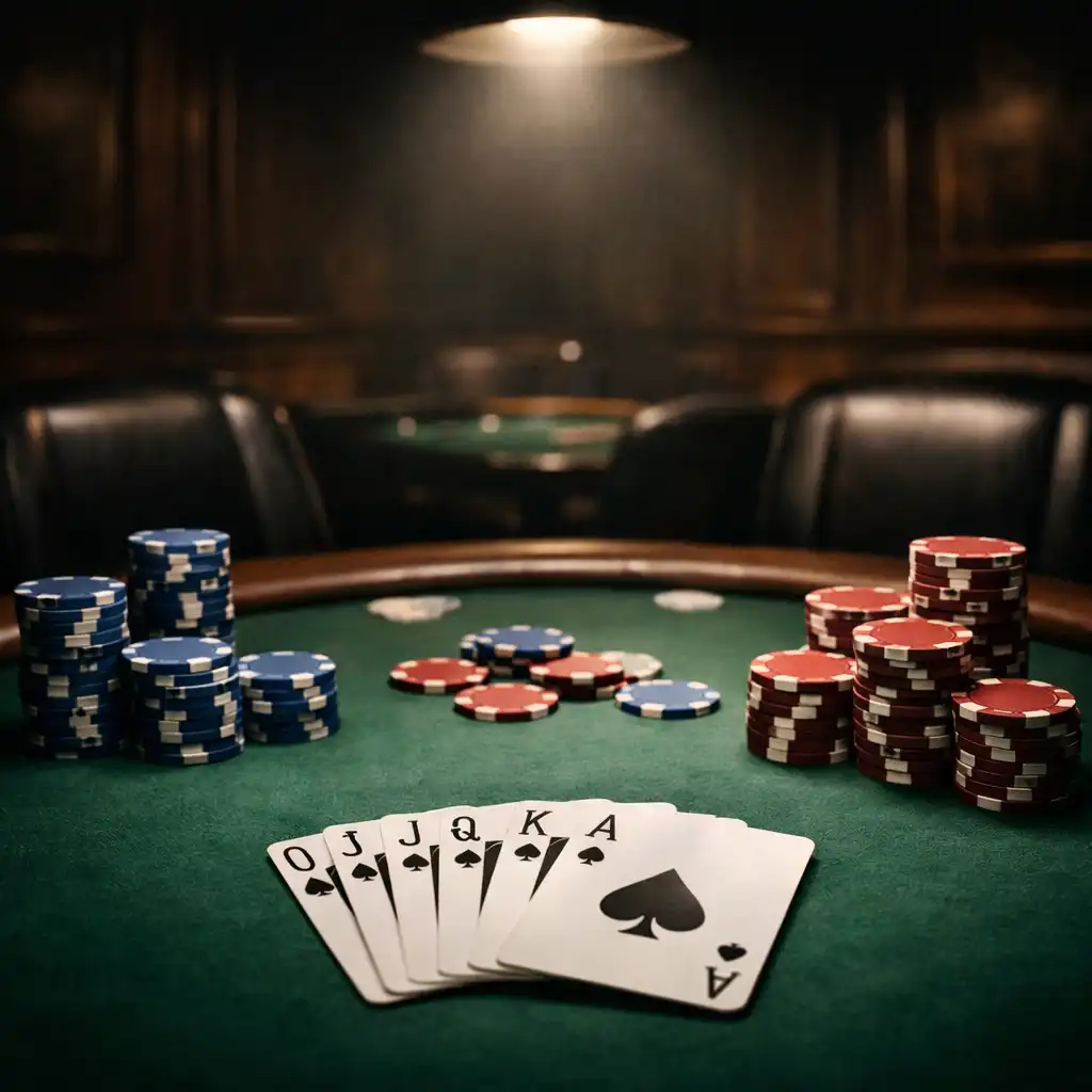 Profesionální pokerový stůl v potemnělém salonku s žetony a kartami