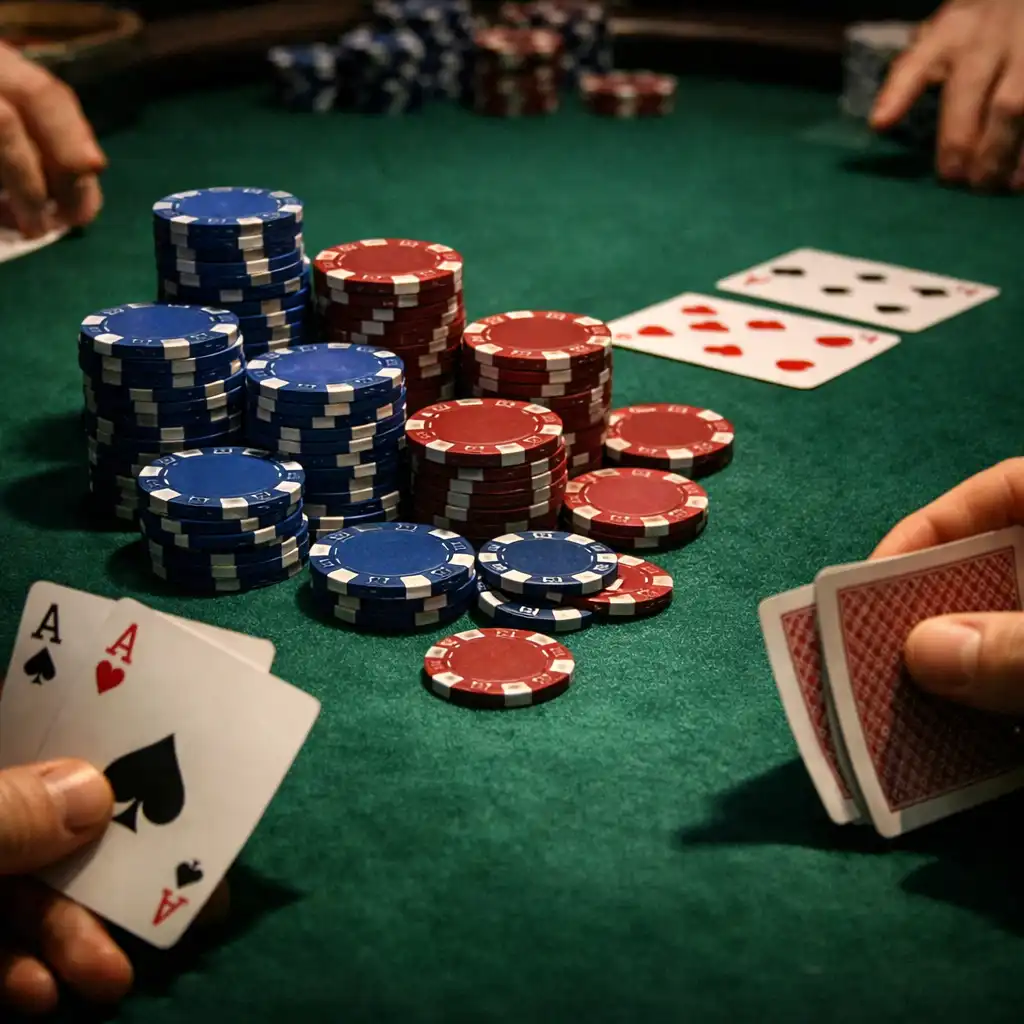 Detail pokerového stolu s rukama hráčů, kartami a žetony v kobaltově modré a burgundské barvě
