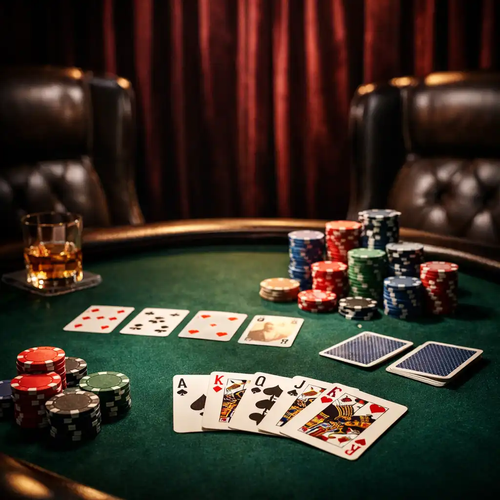 Pokerový stůl s tmavě zelenou plstí, žetony a kartami pod dramatickým osvětlením