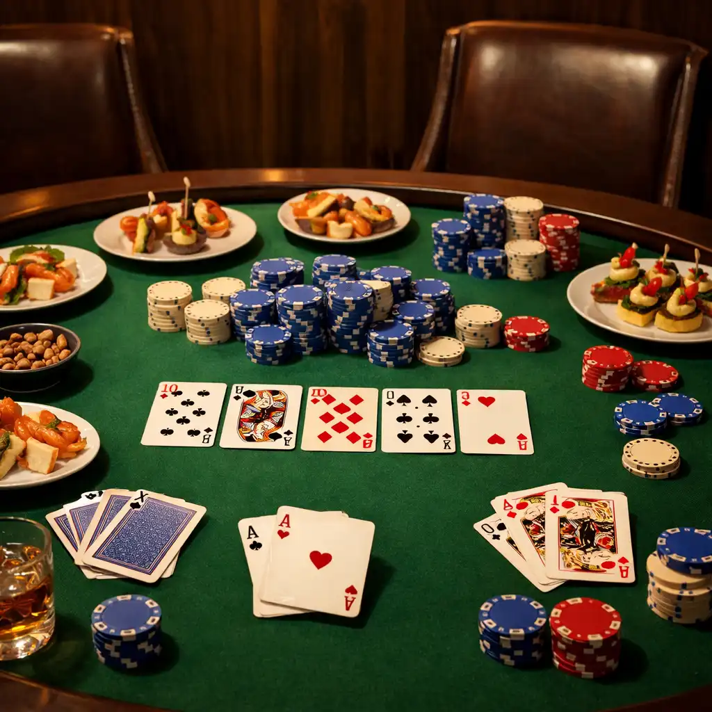 Pokerový stůl s kartami, žetony a talířky s finger food v salonku Pokrmo Vydum