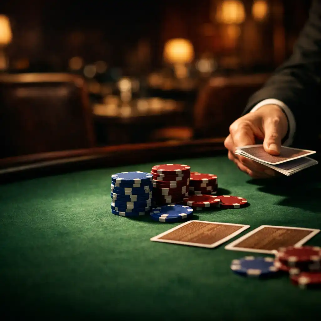 Kinematografický pohled na pokerový stůl s žetony a kartami v elegantním salonku