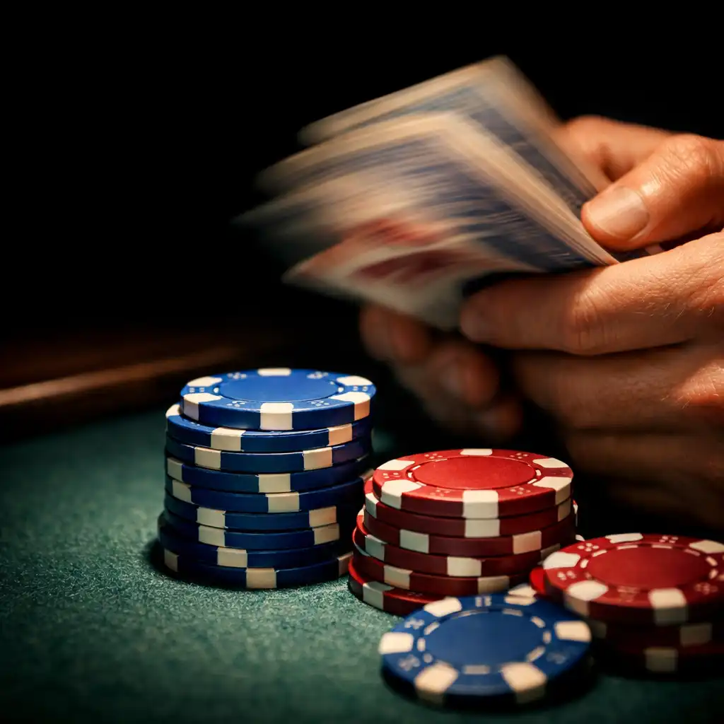 Detail pokerového stolu s rukama hráče, žetony v kobaltové modři a vínové barvě a kartami