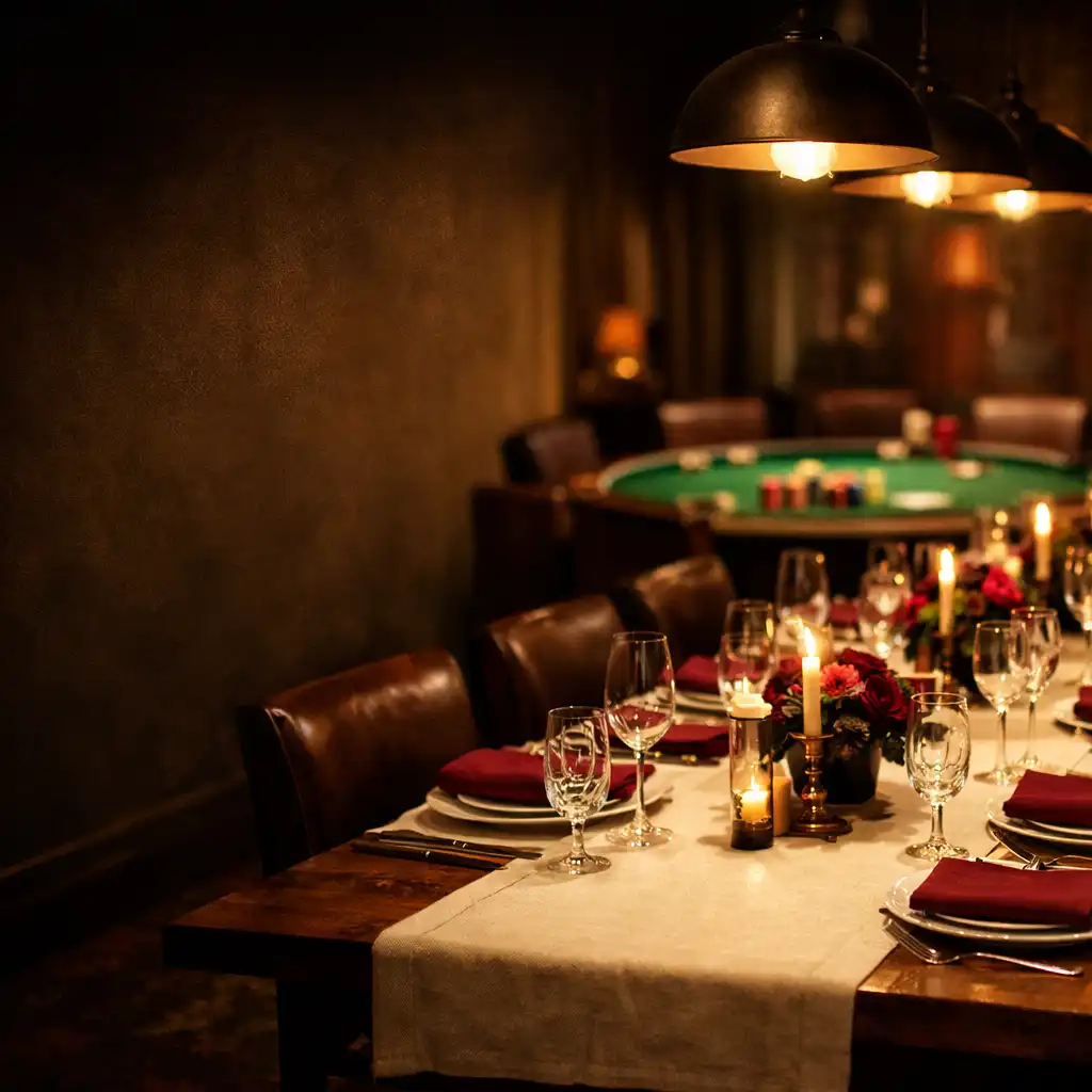 Elegantní privátní jídelna připravená pro soukromou akci s teplým osvětlením a pokerovým stolem v pozadí