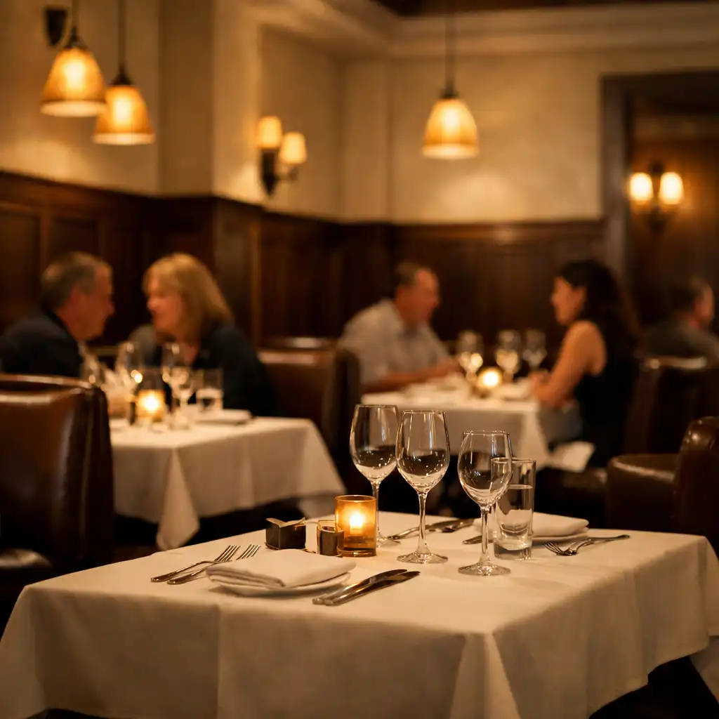 Elegantní interiér restaurace s krémovými stěnami, tmavým dubem a koženými sedadly
