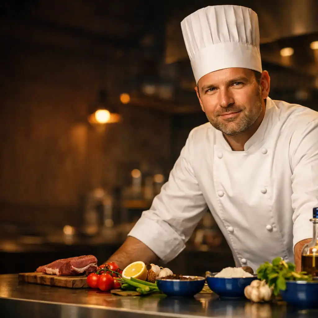Šéfkuchař Jan Novák v moderní kuchyni restaurace Pokrmo Vydum