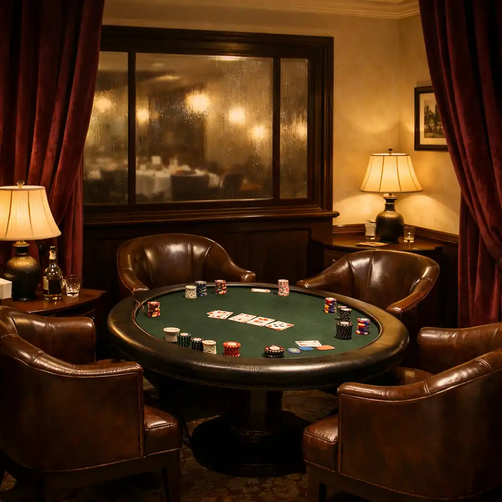 Soukromý salonek s menším pokerovým stolem, koženými křesly a sametovými závěsy